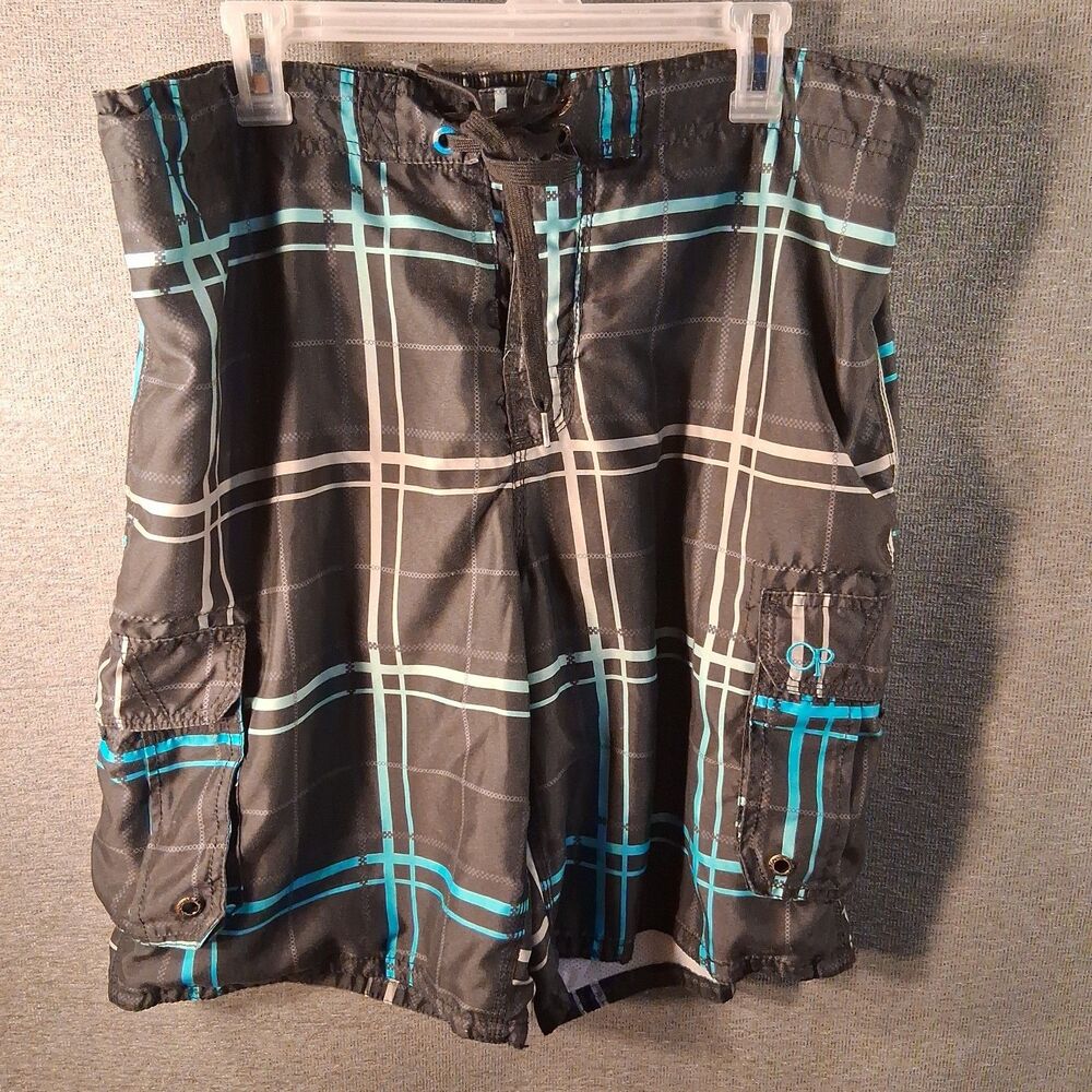 OP Ocean Pacific Black Plaid Board Shorts Swim Trunks Cargo Pocket Mens L